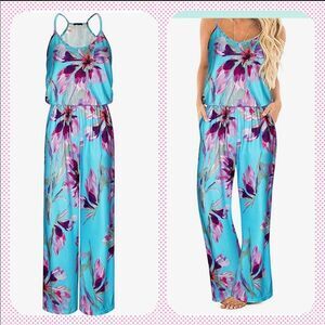 Women's Floral Sleeveless Racer Back Wide Leg Pant Jumpsuits Romper